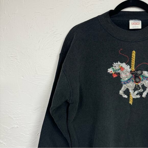 Vintage Grey Carousel Horse Embroidered Sweatshirt Womens L 90s Holiday Grandma - Picture 2 of 9